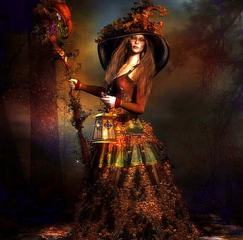 ~Wood Witch of Halloween~, forests, weird things people wear, digital art, creative pre-made, witch, mixed media, love four seasons, halloween, ivy, fantasy, autumn, lantern, fall season HD wallpaper