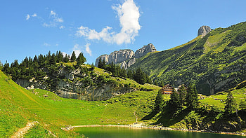 Greenery Rock Mountains House Trees Lake Grass Field Bushes In Blue Sky Background Mountain HD wallpaper