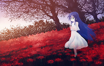 happy being alone, lucky star, red flowers, blue hair, long hair, dress HD wallpaper