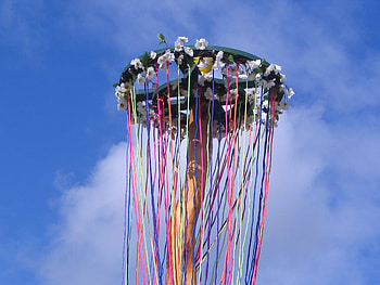 May Pole, blue, may, yellow, red, flowers, pole HD wallpaper