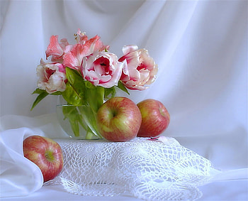 Still life., fruit, vase, cloth, flower HD wallpaper