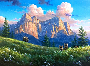 Peaceful Summer, blue, bears, attractions in dreams, meadow, paintings, love four seasons, family, animals, green, clouds, flying birds, nature, flowers, sky, mountains HD wallpaper