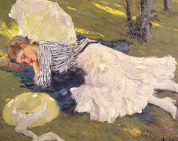 Sleepy, umbrella, summer, painting, art, pictura, edward cucuel, woman HD wallpaper