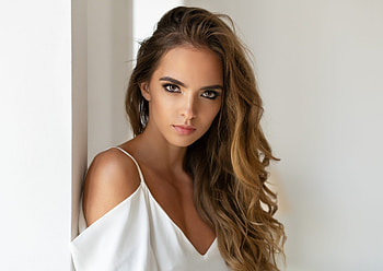 Pretty woman, white dress, long hair HD wallpaper