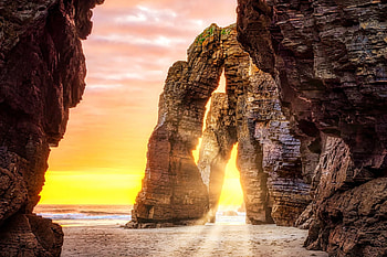 Playa de Las Catedrales, Spain, rocks, arch, sunset, sea, clouds, sky HD wallpaper