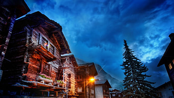 fabulous houses in evening fog in zermatt r, fog, lights, town, r, houses, evening HD wallpaper