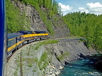 Northbound Alaska Rail, river, tracks, train, mountain HD wallpaper
