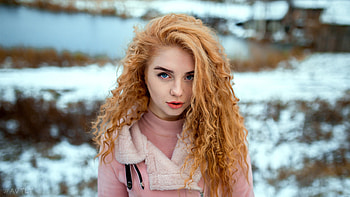 Snow-Kissed Curly Redhead: Model, woman, model HD wallpaper