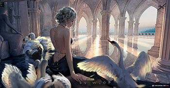 Black swan, frumusete, black, art, bird, gorgeous, girl, dress, lebada, superb, fantasy, wlop, swan, princess, pasari HD wallpaper
