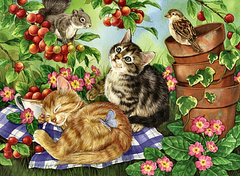 Under the Cherry Tree F1, animal, art, cherries, feline, cat, artwork, wide screen, sparrow, painting, cherry, songbird, pet, squirrel HD wallpaper