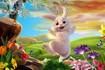 Happy Easter, colorful, Easter, eggs, bunny, outdoors, holiday, nature, flowers, happy, rabbit HD wallpaper