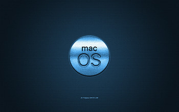 MacOS logo, blue shiny logo, MacOS metal emblem, blue carbon fiber texture, MacOS, brands, creative art HD wallpaper