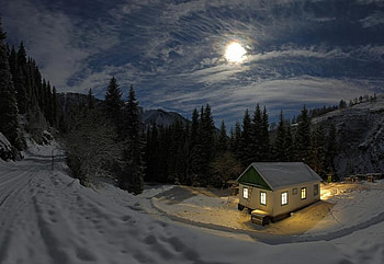 Cold and Isolated, fir trees, moon, lights, snow, house, clouds HD wallpaper