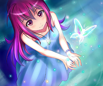 magical girl, pendant, glowing, soil, bracelet, bare shoulders, long hair, dress, nice, snowflakes, butterfly, cg, simple background, pink eyes, from above, sundress, magic, smile, kawai, beautiful, pink hair, anime girl, anime, blush HD wallpaper