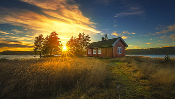 Ringerike, Norway, lake, house, landscape, colors, trees, sky, sun HD wallpaper