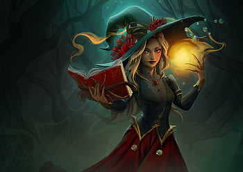 Witch, halloween, fantasy, argaryta ivova, green, yellow, margaryta ivova, girl, hat HD wallpaper