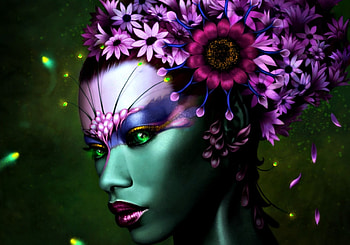Fae, profile, art, girl, dark, woman, fairy, gothic-icecream, purple, pink, fantasy, flower, green, face, luminos HD wallpaper