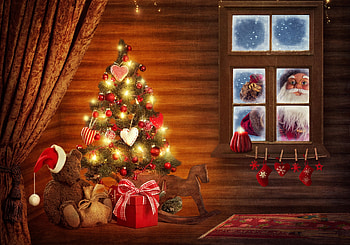 A Special Visitor, candle, presents, teddy, christmas, rocking horse, lights, santa, tree, window HD wallpaper