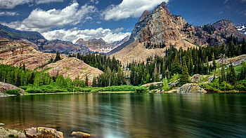 wonderful lake landscape, clouds, mountains, forest, lake HD wallpaper