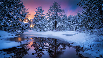 Winter at Cyprus, snow, river, colors, trees, sky, forest, sunset HD wallpaper