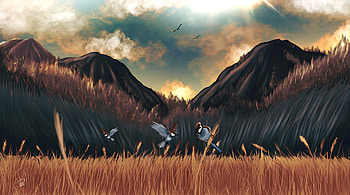Birds, Art, Mountains, Cones, Field, Spikelets, Sparrows HD wallpaper
