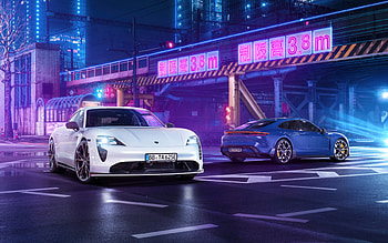 2021, Porsche Taycan, TechArt Aerokit, front view, exterior, new white Taycan, Taycan tuning, TechArt, electric cars, German cars, Porsche HD wallpaper
