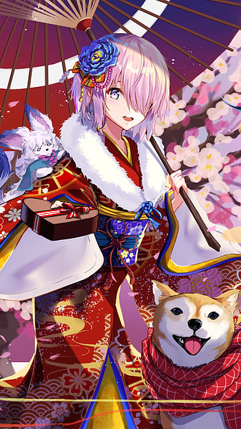 cherry blossom, blue eyes, dog, blush, smile, pink hair, short hair, Anime, Fate/Grand Order HD phone wallpaper