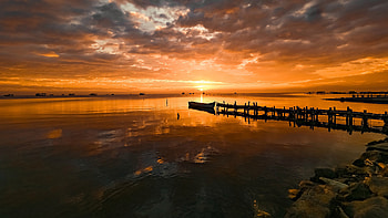 Pier at Sunset, pier, water, graphy, sunset HD wallpaper