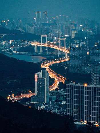Cities, Night, City, Building, View From Above, Road, Fog, Bridge HD phone wallpaper