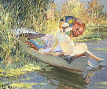 Quiet waters, boat, umbrella, art, edward cucuel, woman, summer, painting, pictura, water HD wallpaper