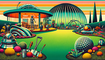 Vibrant Retro Futuristic Garden, lawn, futuristic landscape, retro design, Science Fiction HD wallpaper