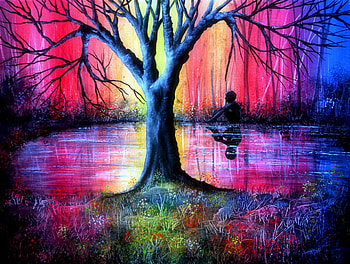 Dreaming, winter, colorful, plants, traditional art, trees, pond, pop art, weird things people wear, paintings, grass, seasons, creative pre-made, love four seasons, lakes, boy, heaven, nature HD wallpaper