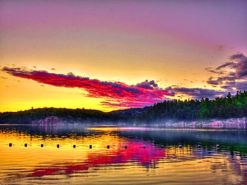 Beautiful sky reflection, river, sea, golden, colorful, coast, purple, reflection, clouds, nature, sky, water, sunset HD wallpaper