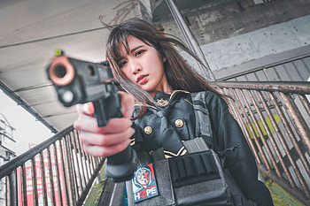 asian, woman, gun HD wallpaper