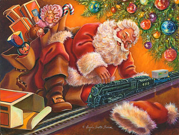 Santa\'s break, winter, toys, art, gifts, train, tree, decoration, holiday, rest, playing, painting, christmas, break, funny, joy, santa HD wallpaper