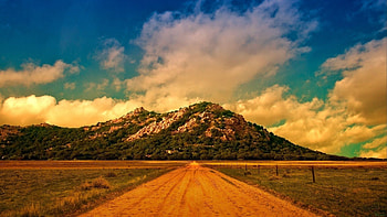 Nature, Sky, Clouds, Mountain, Road, Dirt, Straight, Straight Line, Unpaved HD wallpaper