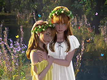 Sisters, sister, fantasy, art, couple, vara, wreath, children, copil, summer, anda deng HD wallpaper
