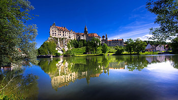Sigmaringen Castle, Danube River, Germany, sky, water, reflections, river, trees, building HD wallpaper