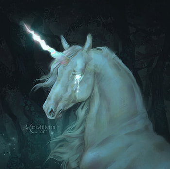 Unicorn by Maria Makovetskaya, blue, fantasy, art, unicorn, tear, luminos, mistillteinn, maria makovetskaya HD wallpaper