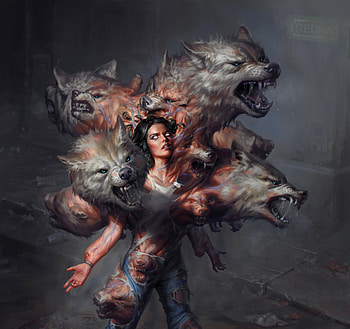Witch, fantasy asy, brown, art, luminos, girl, wolf, dark, george redreev HD wallpaper