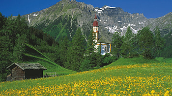 Austrian Mountains, trees, alps, church, cabin, village HD wallpaper
