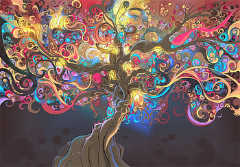 Abstract tree, blue, colorful, art, tree, pink, abstract, yellow, luminos, silhouette HD wallpaper