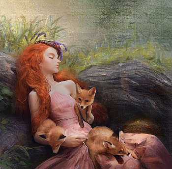 Sleeping beauty, frumusete, art, gorgeous, vulpe, fox, africaart, superb, africa, fantasy, luminos, redhead, sleep HD wallpaper