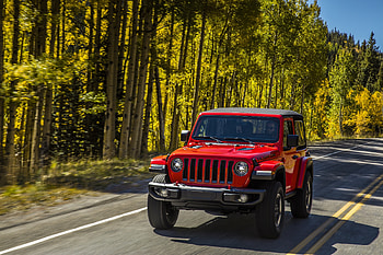 Red Jeep Wrangler, suv, on road HD wallpaper
