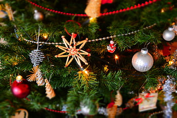 Close-up of a decorated Christmas tree with lights and ornaments, showcasing holiday spirit. HD wallpaper