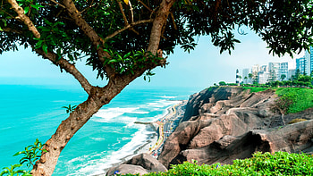 landscape coast, sea, rocks cliffs, road, cars, building HD wallpaper