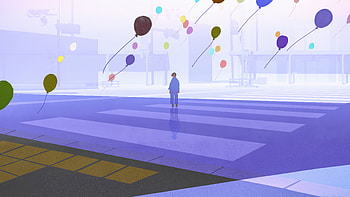 A Lone Figure And Drifting Balloons, balloon, street, alone, artist, artwork, digital-art, pixiv HD wallpaper