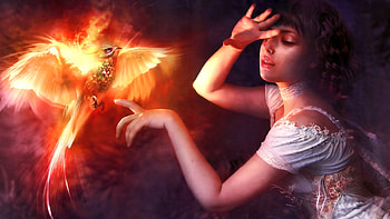 The Phoenix, phoenix, frumusete, bird, fantasy, art, luminos, girl, hand HD wallpaper