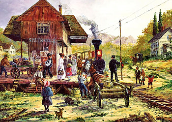 Smithville Train , art, station, engine, train, beautiful, illustration, depot, artwork, wide screen, painting, tracks, locomotive, railroad HD wallpaper