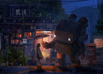 Rainy Day With My Robot Friend Painting , artist, artwork, digital-art, robot, artstation HD wallpaper